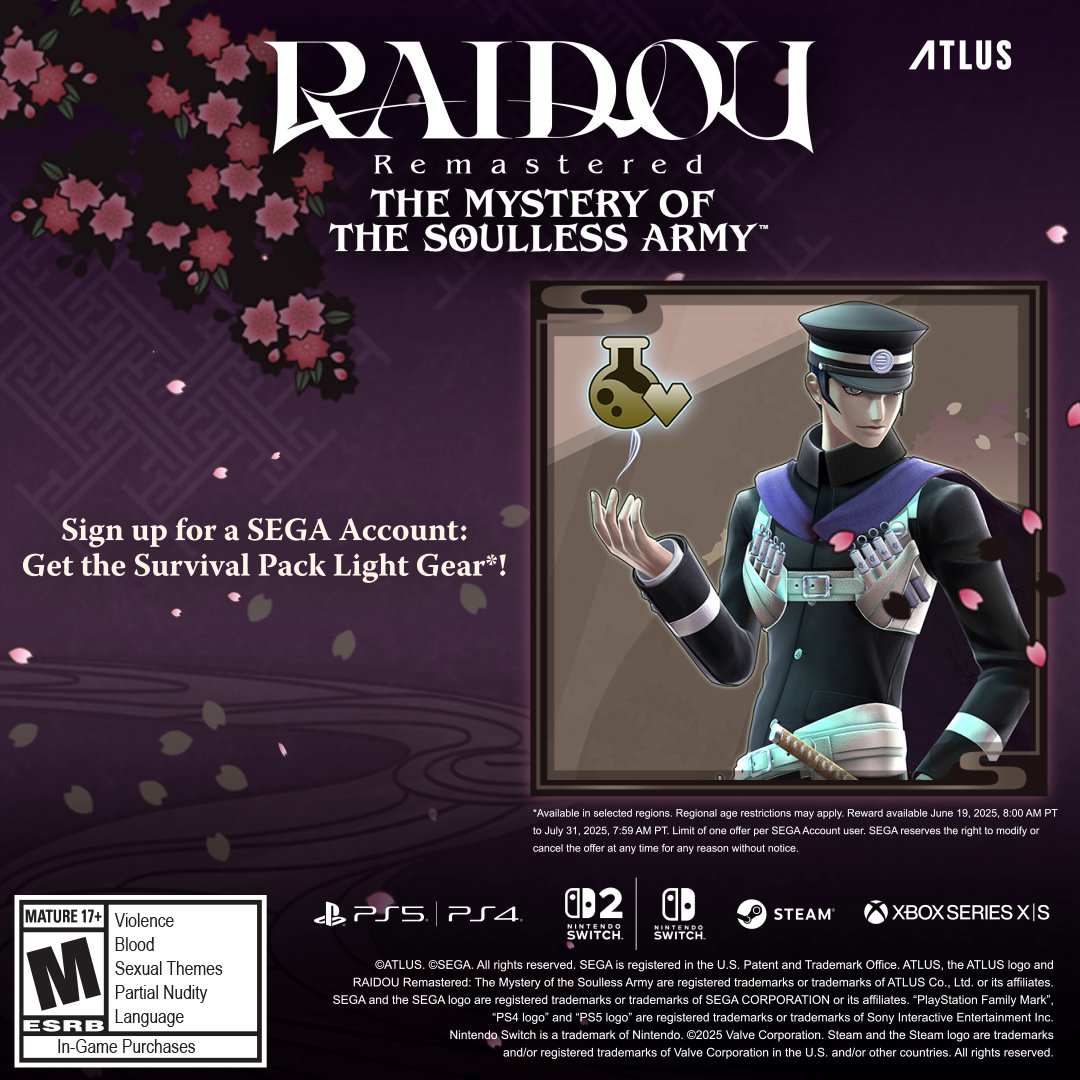 Get ready for RAIDOU Remastered: The Mystery of the Soulless Army with your SEGA Account! 🎮 Sign up & link a gaming platform to get the Survival Pack Light Gear in-game bonus when you play on June 19th. Offer runs until July 31st, 2025. Register now: