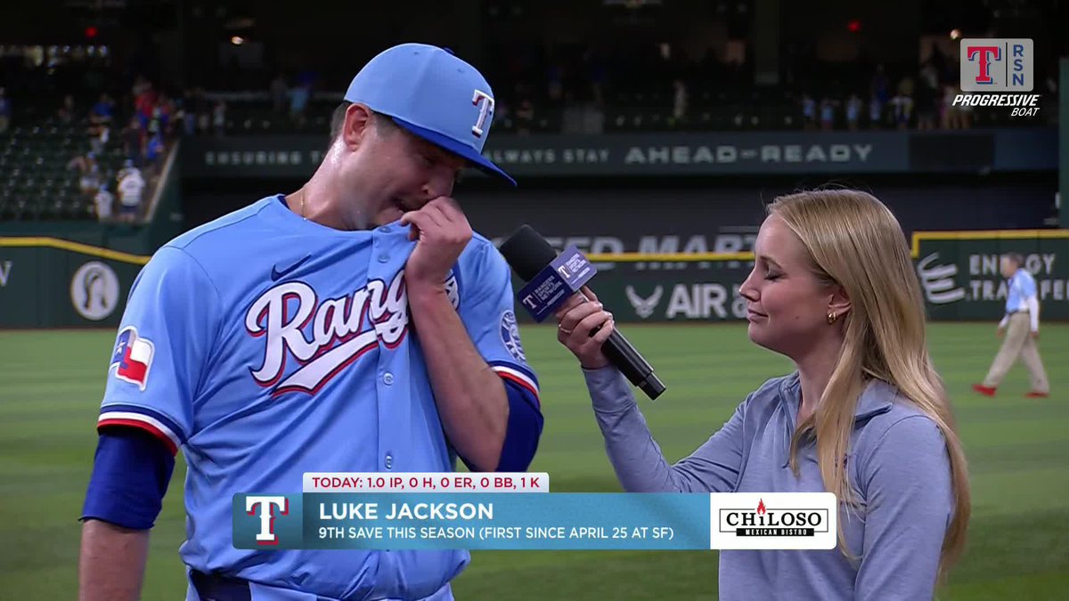 "DAWG!" Luke Jackson picks up his 9th save of the season and joins Laura Stickells for a very animated post-game interview 😂 Texas Rangers | #AllForTX