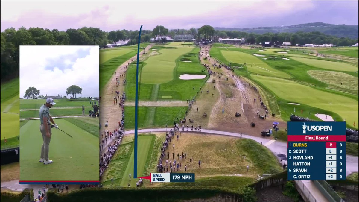 Sam Burns put his tee shot on No. 9 deep into the hay on the left. He went on to make bogey. His lead is down to 1.