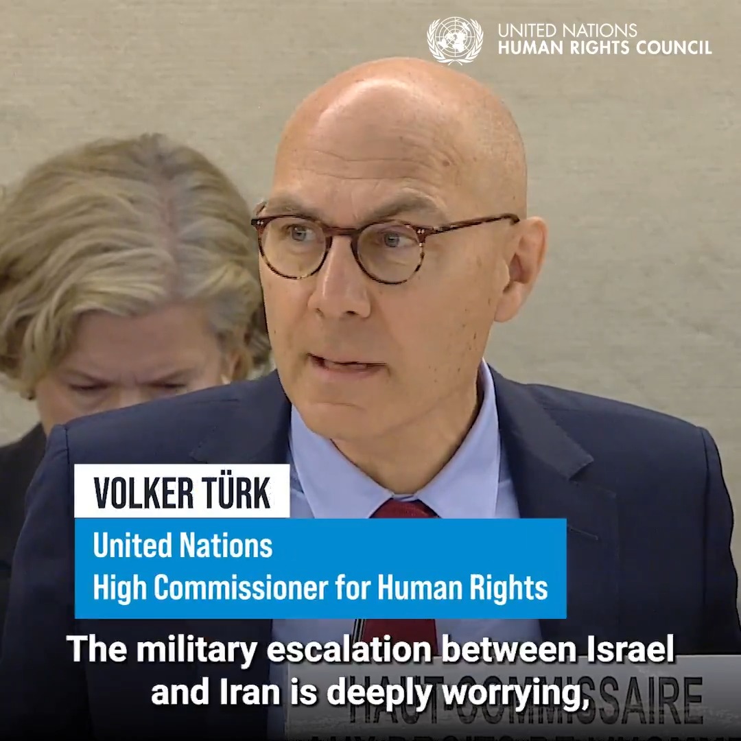 Military escalation between #Israel and #Iran: Speaking at the opening of the 59th session of the United Nations Human Rights Council, United NationsHumanRights chief Volker Türk called for full respect of international law by both sides, in particular the protection of civilians. #HRC59