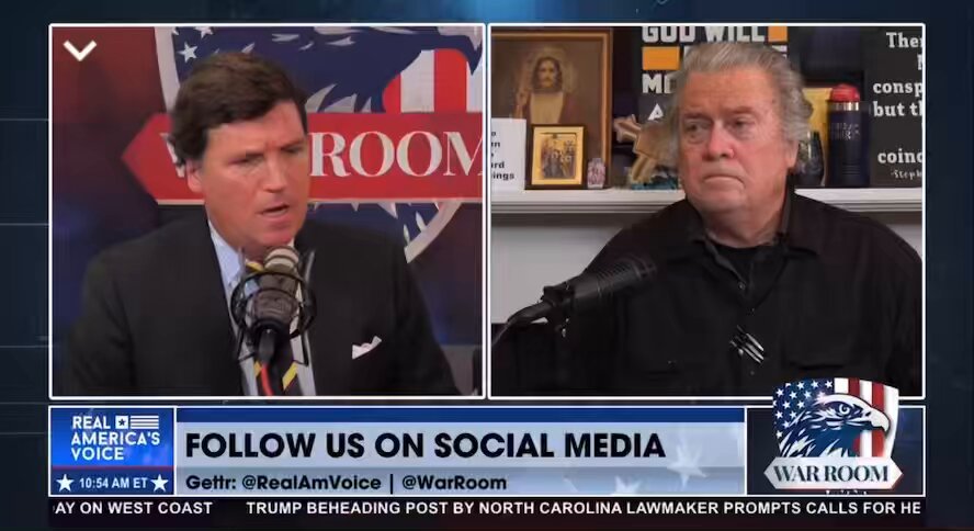 Tucker Carlson and Steve Bannon agree that Donald Trump actually wants peace and that Bibi and others are lying when they say Trump was behind the strikes in Iran; Israel wants to draw the U.S. into a war for regime change