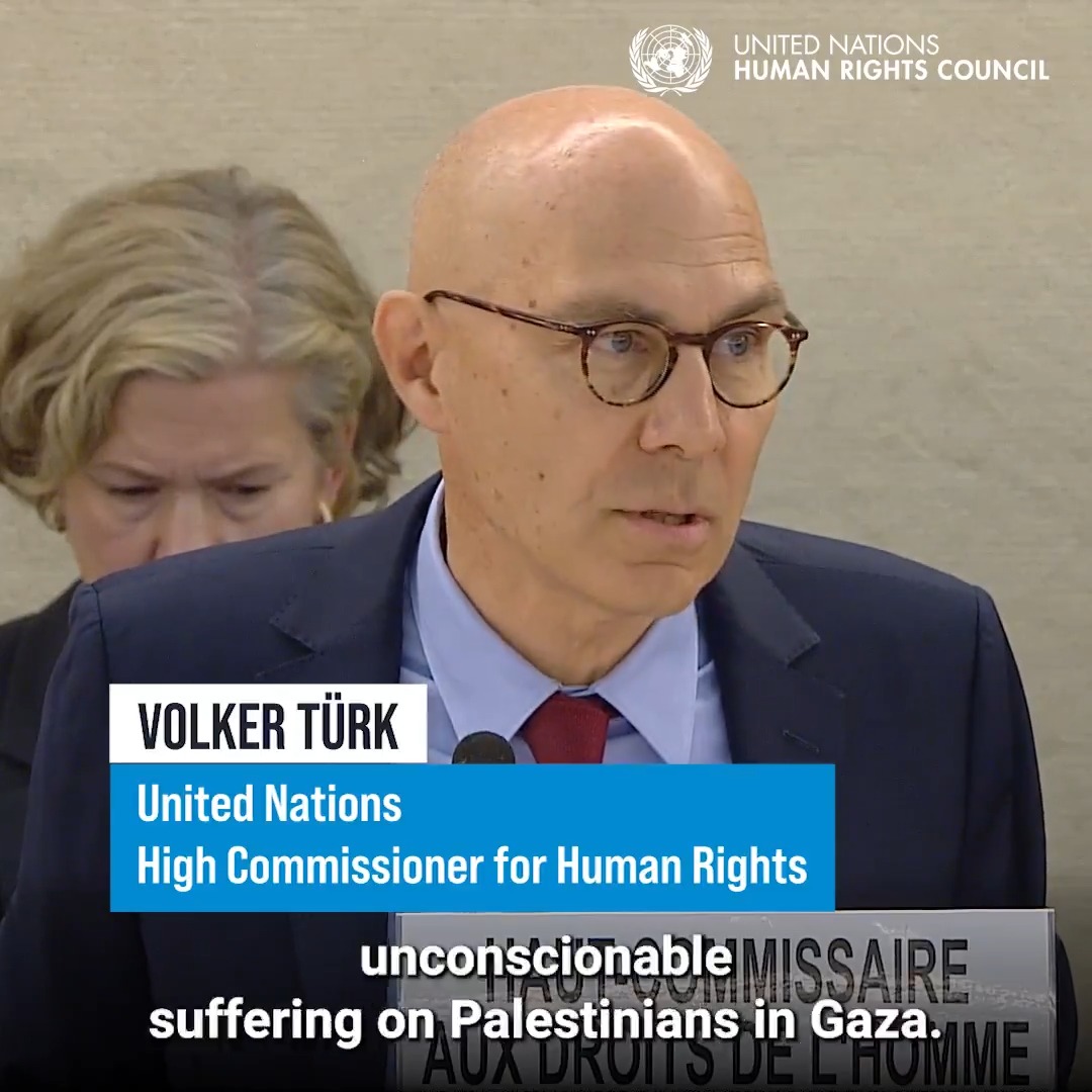 "Everyone in government needs to wake up to what is happening in #Gaza," UN Human Rights chief Volker Türk told the United Nations Human Rights Council. "All those with influence must exert maximum pressure on Israel and Hamas, to put an end to this unbearable suffering," he said. #HRC59