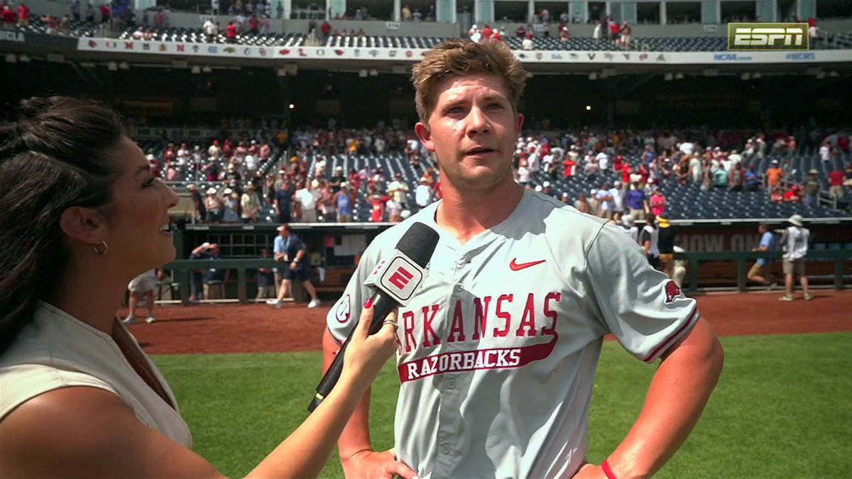 "It's the only thing I'm focused on, we gotta keep winning. We want the whole thing." After throwing just the third no-hitter in MCWS history, Arkansas pitcher Gage Wood is locked in on trying to win the natty 🏆