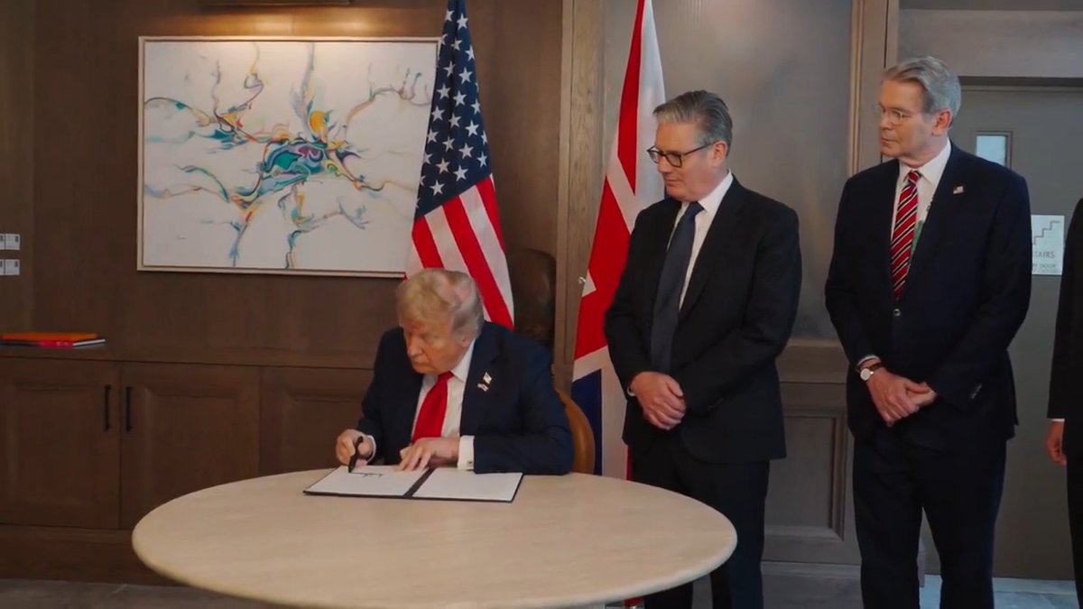 With President Donald J. Trump today as he signs the executive order that will protect UK business, jobs, and workers. My government is delivering for Britain.