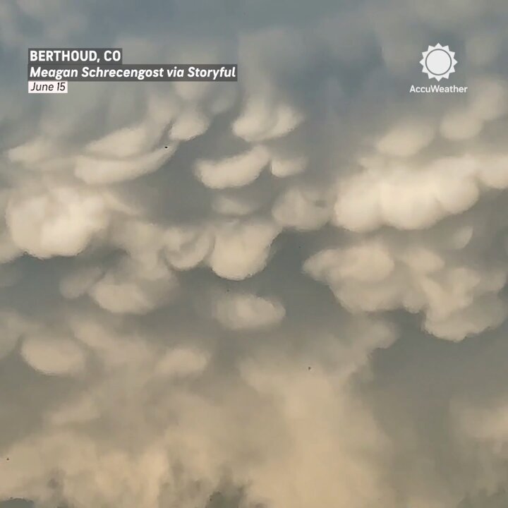 Fluffy mammatus clouds drooped from the sky over Berthoud, Colorado, as thunderstorms brewed in the area on Sunday.