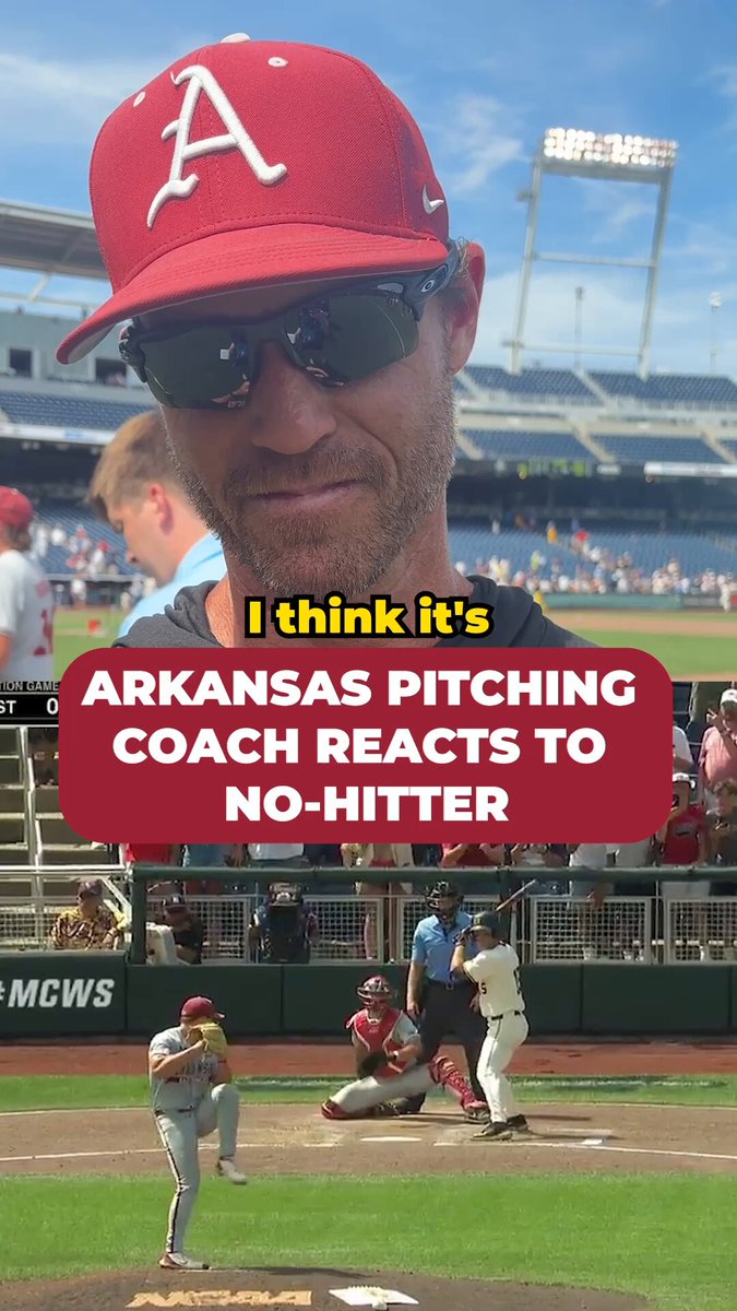 "This is the best outing in MCWS history" 🙌 Arkansas pitching coach Matt Hobbs breaks down Gage Wood's no-hitter 🎤 #MCWS x Arkansas Baseball