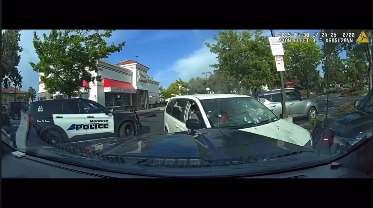 Man rams police vehicles that had him boxed into an In-N-Out parking lot in Manteca, Calif. Police open fire and kill him. Plan accordingly... #CityLife #police #california #cops #InNOutBurger #fastfood #FAFO #darwin #learning #BallisticTest