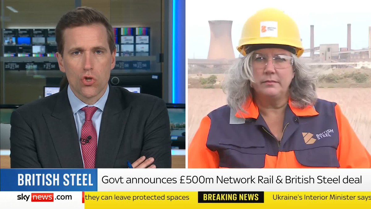 Network Rail are signing a five-year, £500m deal with British Steel for the supply of steel rails. Transport Sec Heidi Alexander MP speaks live from Scunthorpe - Sky's Wilfred Frost asks how the govt can say jobs are secure when it is unclear who owns British Steel. ⬇️
