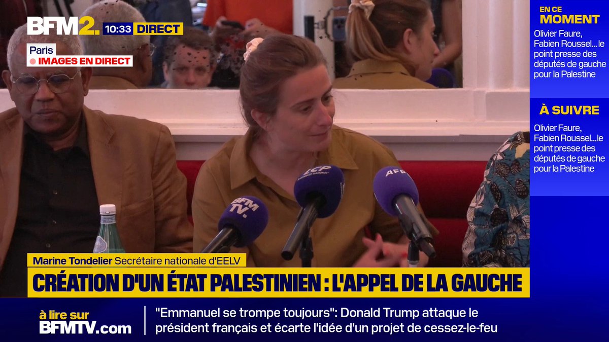 "Oui, un génocide est en cours en Israël (...) mais il y a aussi un écocide", déclare Marine Tondelier lors de la conférence de presse de la gauche pour la reconnaissance d'un état palestinien #BFM2