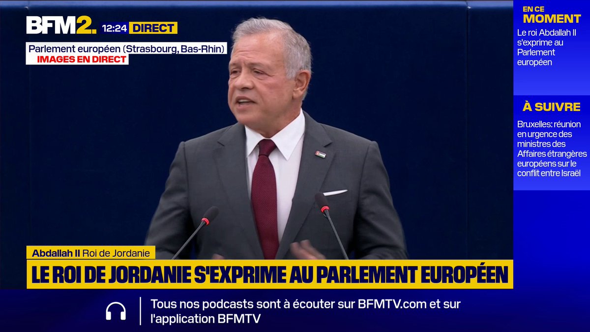 "Si la communauté internationale n'agit pas (…) nous serons en train d'effacer ce que cela signifie d'être humain" Le roi de Jordanie, Abdallah II, s'exprime devant le parlement européen sur la situation à Gaza #BFM2