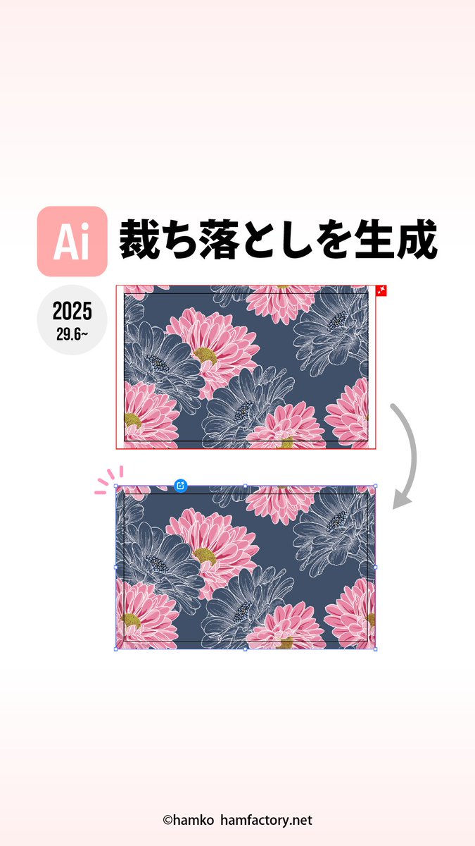 #AdobeIllustrator 2025(29.6)の新機能「裁ち落としを印刷」を使ってみたよ〜。 同じく新機能「生成拡張」の応用系みたいな処理なのですが、複雑なベクターでも比較的違和感がない仕上がりでびっくり!でした。 アートボード右肩の赤いアイコンをクリックするだけで生成が実行されます。