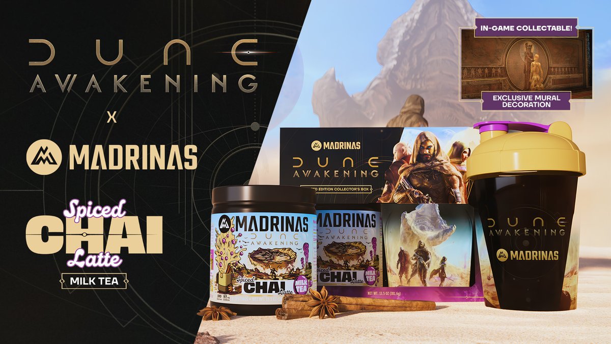 We’ve teamed up with MADRINAS to create an Arrakis Spiced Chai Tea Latte! Each Limited Edition #DuneAwakening Collector’s Box comes with an exclusive shaker cup and in-game mural. 🏜️ Pre-order now: