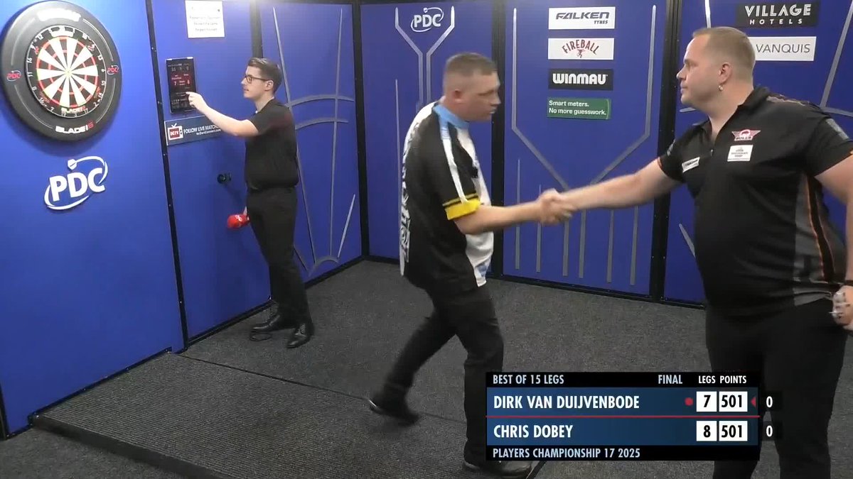 DOBEY WINS PC17! 🏆 Chris Dobey wins his second Players Championship title of the year, as Hollywood beats Dirk van Duijvenbode 8-7, with the Englishman sealing the victory with a brilliant 70 checkout to stop Van Duijvenbode's comeback! 📺 #PC17