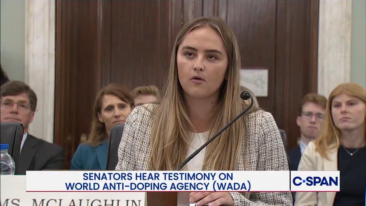 Olympic swimmer Katie McLaughlin testifying: "When my relay team swam under the world record time in Tokyo we asked to be tested, even though we hadn't won gold. We wanted it to be documented that we were proud to race clean."
