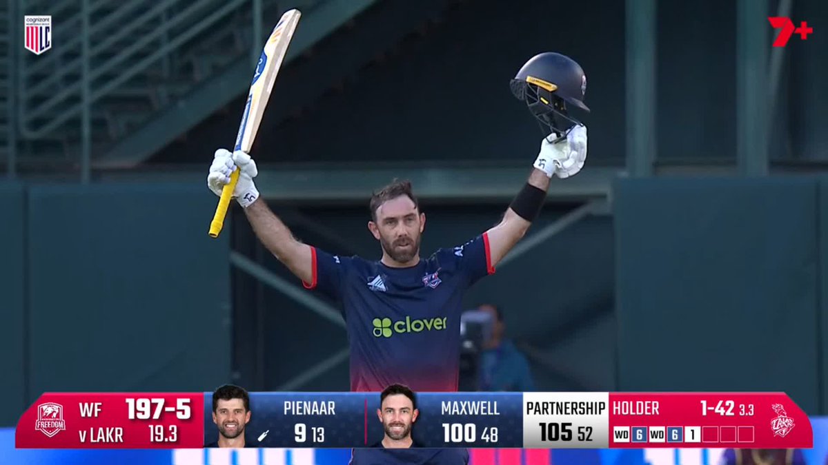 HUNDRED BY GLENN MAXWELL IN THE MLC 2025. 🙇‍♂️ - 106* (49) with 2 fours and 14 sixes. Maxwell was on 11* (15), then scored 95* in the last 34 balls.