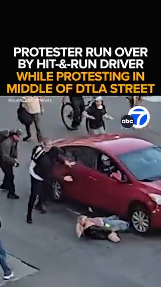WARNING: Graphic. A protester is run over by a hit-and-run driver while protesting in the middle of a downtown street. The woman clings to the hood before falling under the front wheel. Her condition, and the search for the driver - Tonight at 11 from ABC7