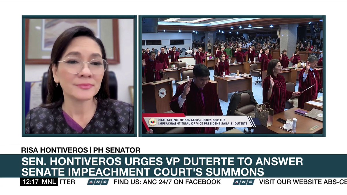 Senator Risa Hontiveros is "not concerned at all" to be tagged as biased in Vice President Sara Duterte's impeachment trial, saying the obligation to be impartial is clear to her. #DatelinePhilippines