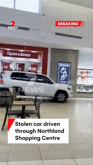 BREAKING: An allegedly stolen car has ploughed through Northland Shopping Centre during a wild police pursuit. The driver is still on the run. #breakingnews #carcrash #northland #melbourne #7NEWS
