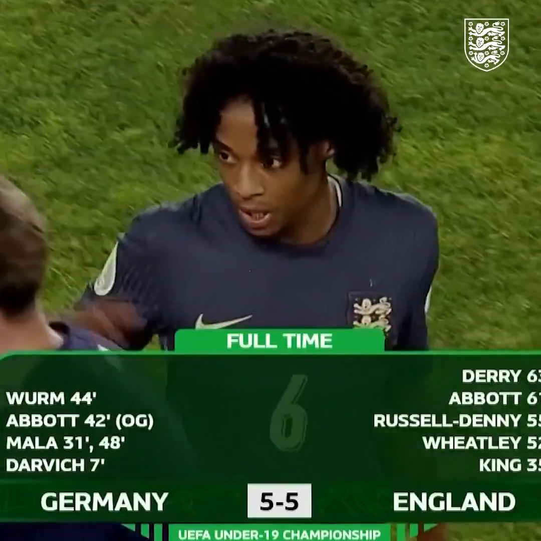 5-1 down against Germany. Then four goals in 11 minutes to make it 5-5. The highlights from an absolutely extraordinary #U19EURO game for our #YoungLions 😳
