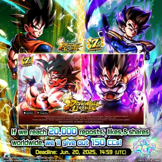 ◤Social Media Campaign◢ We're celebrating the release of new characters with a social media campaign! Everyone gets 150 CCs if this post reaches 20K likes, shares, and reposts worldwide! Period: until 6/20 14:59 (UTC) (Sched.) #Legends7thAnniversary #DBLegends #DragonBall