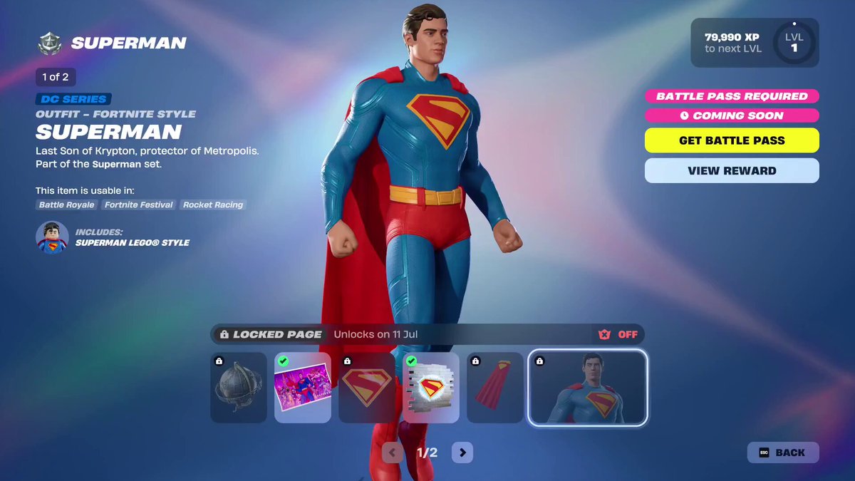 🦸🏻‍♂️ SUPERMAN — Primeira visão dos cosméticos do Superman no menu do Passe de Batalha do Capítulo 6: Temporada 3. Disponíveis para resgate em 11 de julho! Infelizmente, sem Krypto.. 🎥Fortnite News