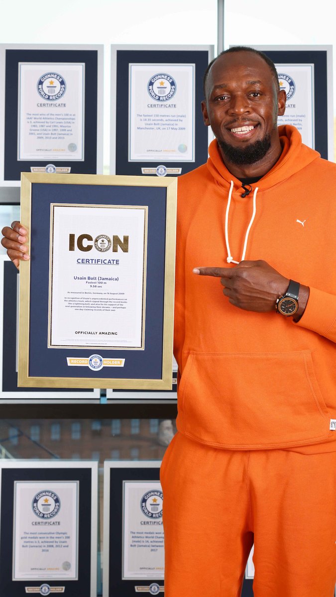 Sprinting legend Usain St. Leo Bolt was awarded all of his Guinness World Records certificates as well as his official ICON certificate at the Edwardian Hotels in Manchester, UK 💫