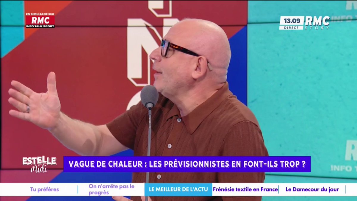 🌡️ Vague de chaleur : les prévisionnistes en font-ils trop ? 🎙️ frédéric hermel🇫🇷 : "Ce qui me gêne, ce sont les couleurs utilisées pour les températures... 23C à Lille, on est rouge-brun... Les mêmes températures il y a 20 ans, ce n'étaient pas ces couleurs-là !" #EstelleMidi