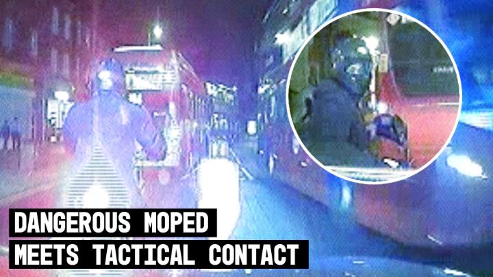 A moped on false plates was speeding dangerously through North London — narrowly missing pedestrians. Specially trained police drivers used ‘tactical contact’ to safely stop the vehicle and the rider was arrested for several offences, including theft and dangerous driving.