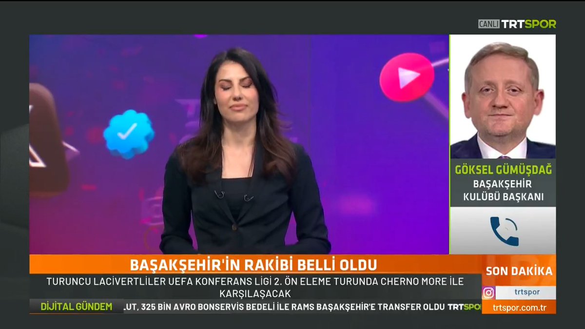 🦉 Temsilcimiz RAMS Başakşehir, UEFA Konferans Ligi 2. Eleme Turu'nda Bulgaristan ekibi Cherno More ile karşılaşacak 💬 Başkan Göksel Gümüşdağ, kurayı ve Onur Bulut transferini TRT Spor’a değerlendirdi.