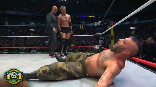 Disgusting post match beatdown on Mark Briscoe from The Invisible Hand and @RainmakerXOkada! Watch #AEWGrandSlamMexico LIVE on TBS &amp; MAX