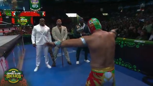 .CARISTICO MISTICO MX Oficial rushes headfirst into enemy territory and pays for it! Watch #AEWGrandSlamMexico LIVE on TBS &amp; MAX