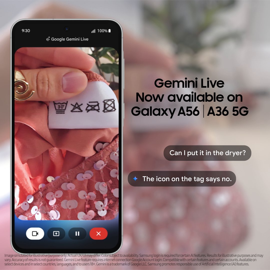 Introducing Gemini Live now on #GalaxyA56 and #GalaxyA36 5G. Explore a smarter, awesome way to learn, unlock your curiosities and get instant answers. Start a conversation with just a button.