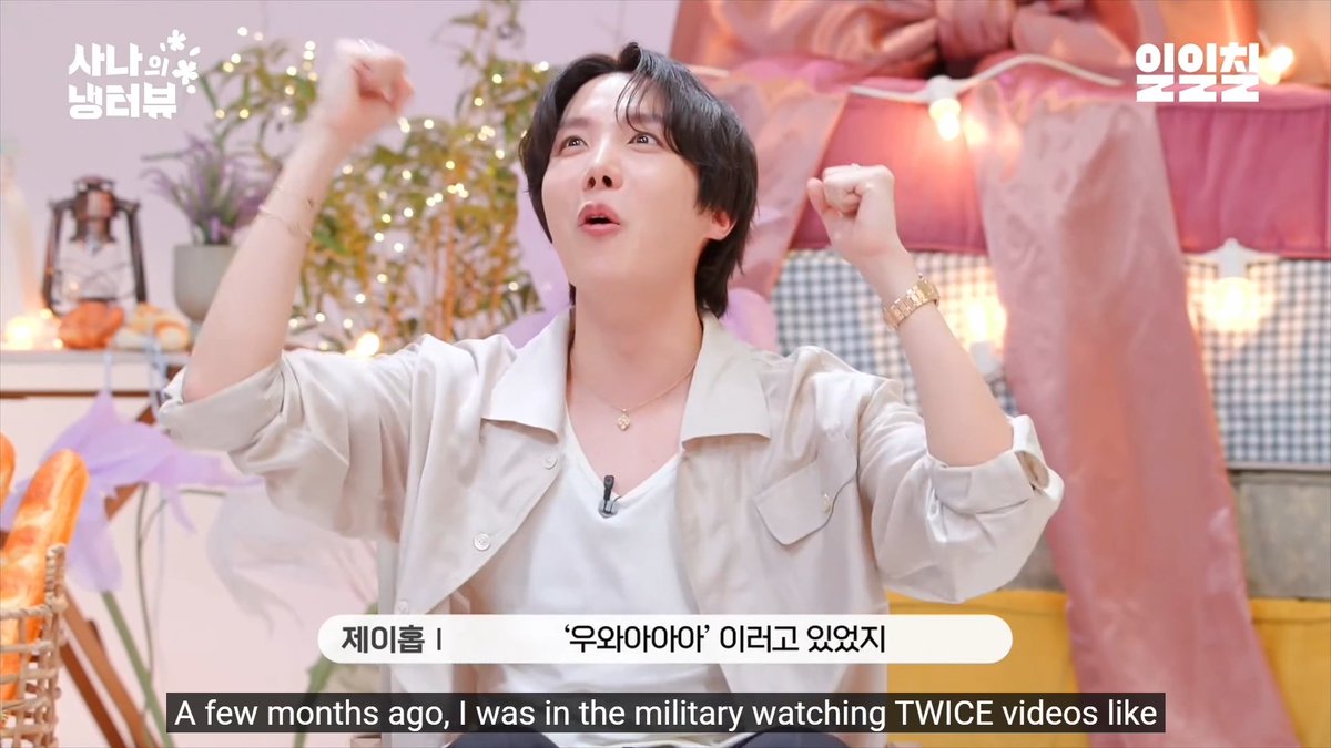 Sana: Just a few months ago I couldn't have even imagined this BangTwice interaction J-Hope: A few months ago I was in the military watching TWICE videos like "WOOOOW" 😭😭😭