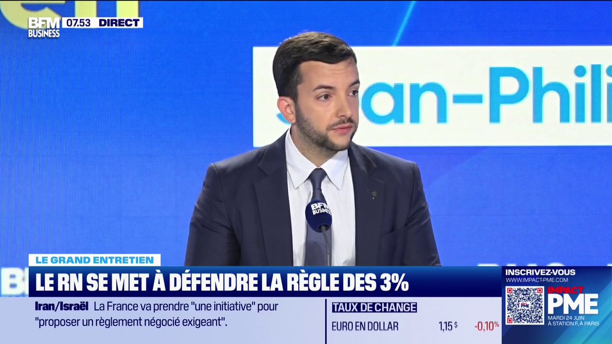 Volte-face historique du RN. Tanguy défend maintenant l'austérité, la règle d'or des 3%. Pour Marine Le Pen cette règle était un "viol démocratique" en 2012. Tout pour séduire les milliardaires, tant pis pour l'Hôpital &amp; l'École. Le RN, arnaque sociale.