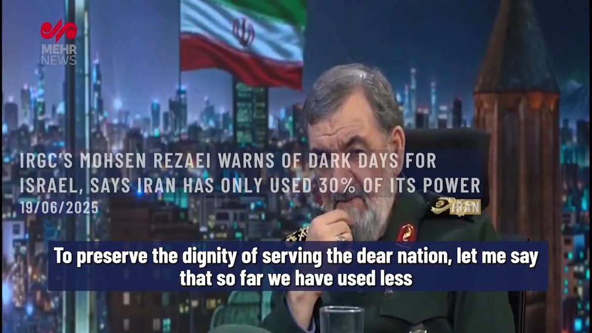 ⚡️⭕️ Former IRGC Commander-in-Chief Mohsen Rezaei issued a stern warning, stating that Israel and its military face darker days ahead, revealing that Iran has only utilized 30% of its operational capacity in its response so far. Rezaei emphasized that Iran has yet to activate its land and naval forces, or strategic pressure tools like oil leverage, the Strait of Hormuz, or allied forces in surrounding countries. He also clarified that the Iranian strike targeted a military facility adjacent to a hospital, underscoring efforts to allow civilians time to evacuate as attacks intensify. He urged Israeli civilians to leave immediately to avoid the consequences of continued escalation. Iran. 19th of June, 2025.