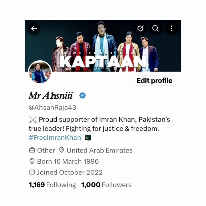 "ALHAMDULILLAH! 🌟 Our 1K family on X is complete! 🥂 From the bottom of my heart, THANK YOU for every like, retweet, and kind word that’s built this incredible community. 🙏 We’re not just followers, we’re a family united by love & purpose. Here’s to soaring higher together! 🚀 #1KFamily Imran Khan 𝓜𝓻 𝓐𝓱𝓼𝓷𝓲𝓲𝓲 ᵠᵗⁱ ⁸⁰⁴ Aliᴸᵉᵍᵉⁿᵈ