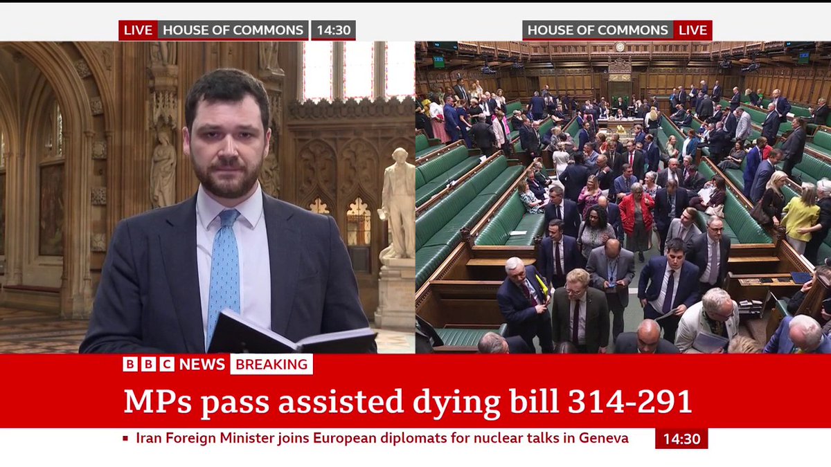 MPs vote in favour of assisted dying bill in England and Wales, with 314 votes in favour and 291 against Follow live: