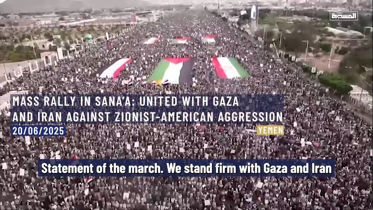 ⚡️⭕️ A massive popular rally was held today in Al-Sabeen Square in the Yemeni capital, Sana’a, under the slogan: "Steadfast with Gaza and Iran Against Zionist-American Crimes." Participants reaffirmed their support for Palestine and the Islamic Republic of Iran, condemning the ongoing aggression by Israel and the United States. Yemen, Sanaa. 20th of June, 2025.