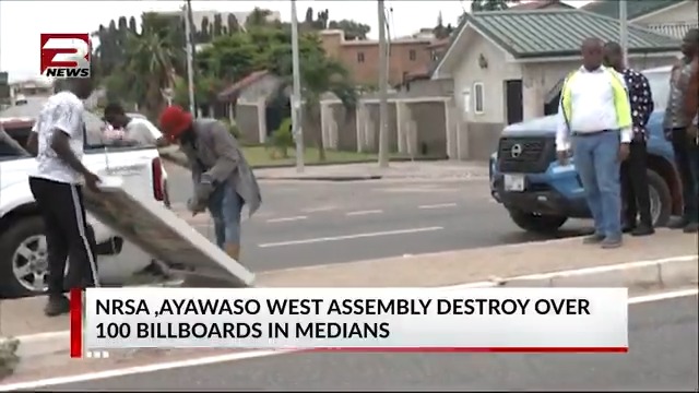 A joint team from the National Road Safety Authority and the Ayawaso West Municipal Assembly has begun removing unauthorized billboards in the area, citing obstruction of traffic flow and degradation of the environment's aesthetic appeal #TV3GH