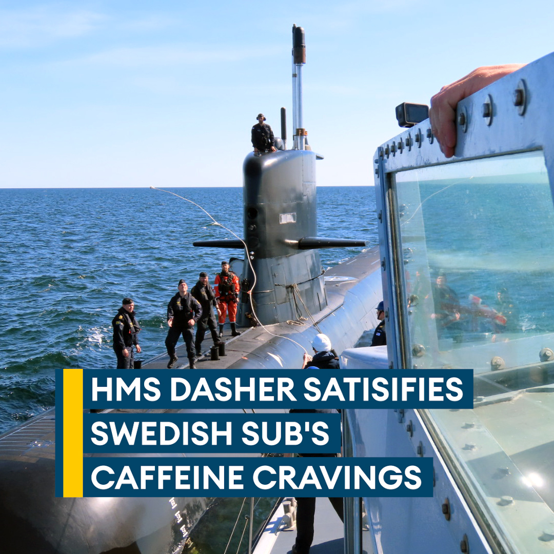 See a coffee run conducted Navy style☕️👀 This is thought to be the first-ever resupply between a Royal Navy P2000 patrol boat and a Swedish submarine – making sure the sub crew got their underwater caffeine fix 🌊 Watch here 👇