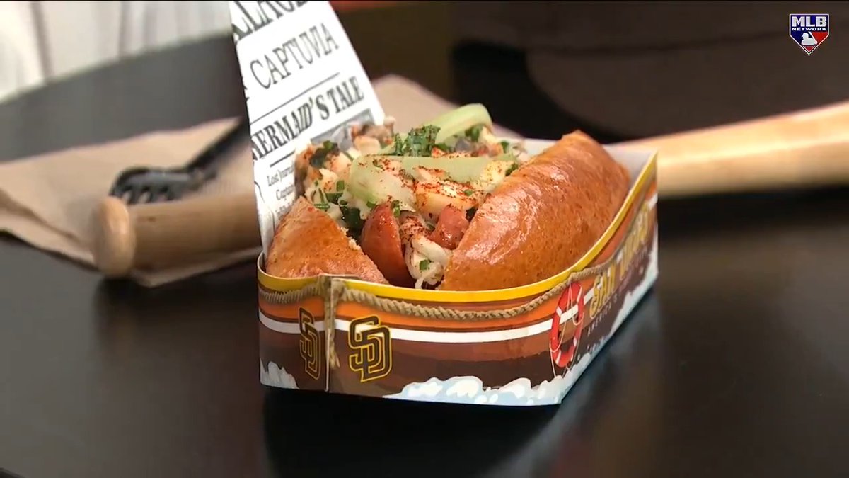 The San Diego Padres hooked #MLBCentral up with some of their own ballpark foods! 🦞🍌 Mark DeRosa and Robert Flores tried out the "Lob Dog" and Banana Bread Pudding in Studio 21! MLB Network x French's
