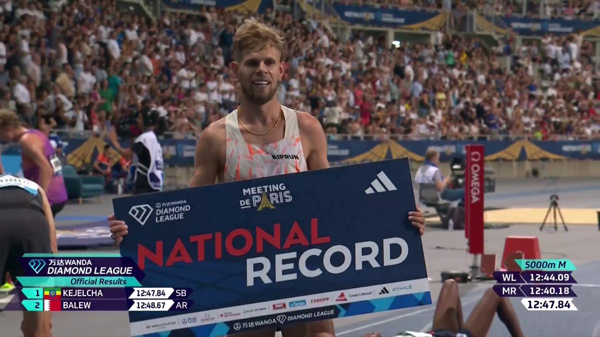 🚨 𝗥𝗘𝗖𝗢𝗥𝗗 𝗗𝗘 𝗙𝗥𝗔𝗡𝗖𝗘 ! 😎 🇫🇷 Jimmy Gressier (4e) améliore son propre record national sur 5000 m en 12'51"59 au Meeting de Paris (ancien : 12'54"92) ! ⏱️ Yann Schrub (8e en 12'56"57, minima mondiaux FFA) et Etienne Daguinos (9e en 12'57"49) s'offrent un chrono canon 💣 🇪🇹 Victoire de Yomif Kejelcha en 12'47"84 📺 Le #MeetingParis est à suivre en 𝗗𝗜𝗥𝗘𝗖𝗧 dès maintenant sur la chaine L’ÉQUIPE