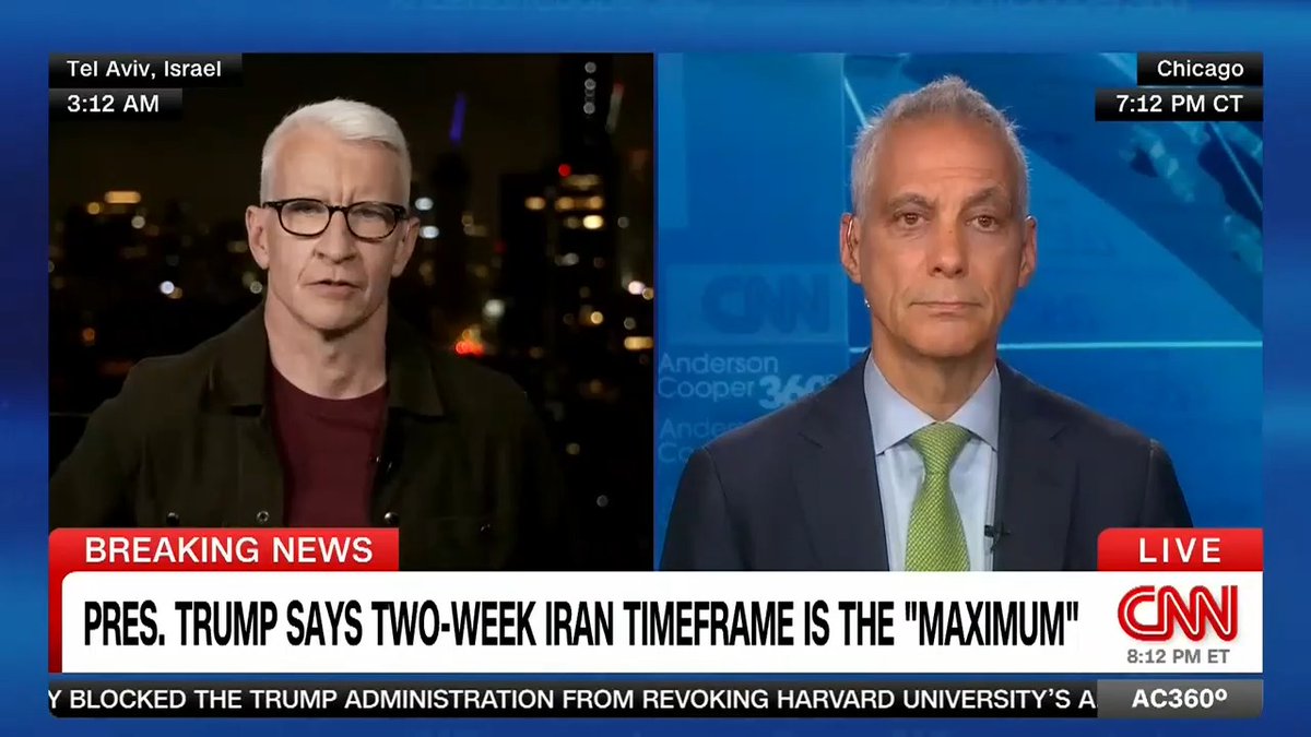 "If I was the President, I would say 'my team is going to be at the table. You choose not to come, that's your choice, but the price goes up'": Rahm Emanuel, former WH Chief of Staff under Pres. Obama, talks about the odds of a negotiated solution to the Israel-Iran conflict.