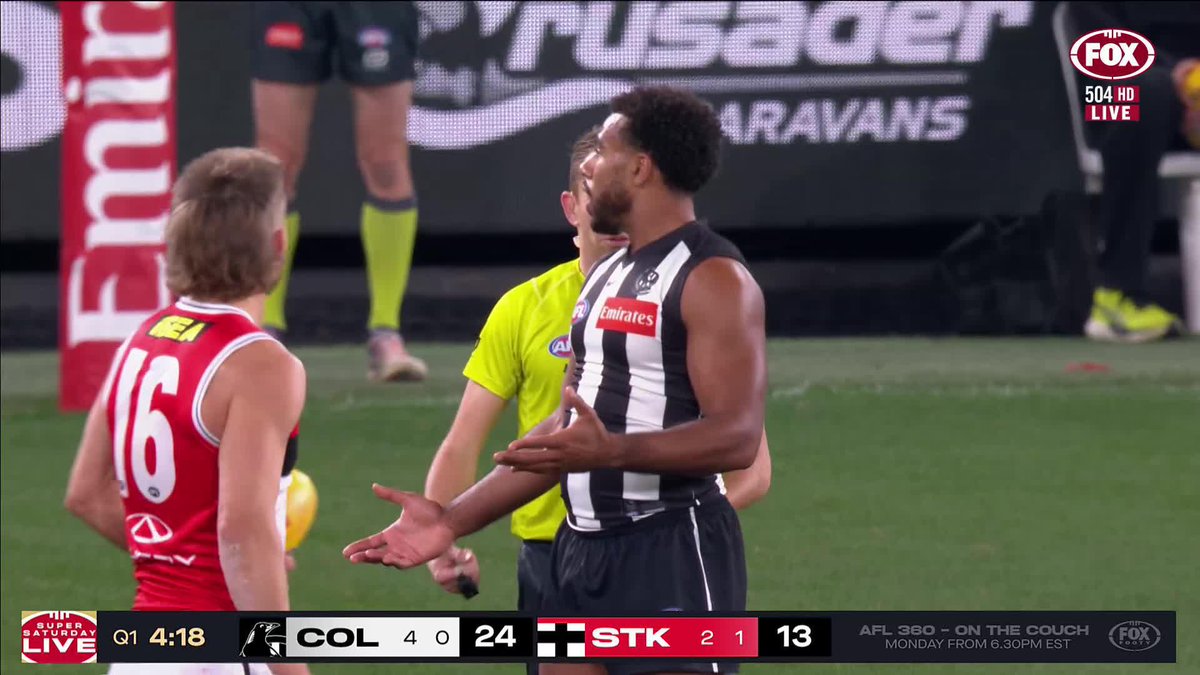 "He can't believe it!" Isaac Quaynor was bemused after giving away a free kick to Dan Butler. 📺 Watch #AFLPiesSaints on ch. 504 or stream on Kayo: ✍️ BLOG 🔢 MATCH CENTRE