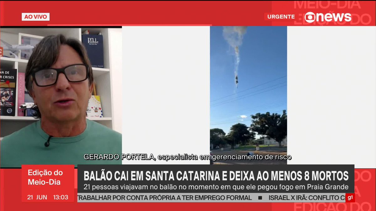 “Dá para perceber pelas imagens que é um fogo ancorado, ou seja, existe uma fonte de combustível alimentando aquele fogo. Não está sendo uma queima natural dos combustíveis do cesto, e sim existe propano queimando. Isso é visível. A partir do momento em que o combustível vaza e perde a capacidade de transferir calor, também perde a sua capacidade de (fazer o balão) voar. É uma situação extrema que mostra a precariedade como esse serviço estava sendo prestado”, diz Gerardo Portela, especialista em gerenciamento de risco, sobre a queda de um balão em Praia Grande, Santa Catarina, depois de pegar fogo. Oito dos 21 tripulantes morreram. ➡ Assista na #GloboNews: