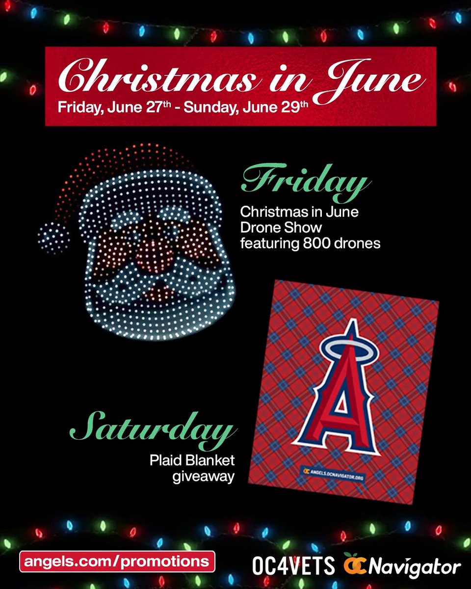 'Tis the season ⚾️ Celebrate Christmas in June, presented by OC Navigator, at the Big A next weekend (June 27th - 29th)! Enjoy a holiday drone show, Plaid Blanket giveaway, stadium decor, and more. Visit for info.