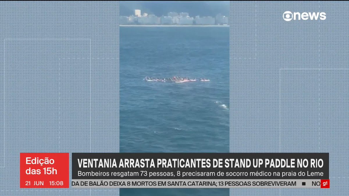 O Corpo de Bombeiros resgatou mais de 70 pessoas que faziam stand up paddle na Praia do Leme, na Zona Sul do Rio. Uma ventania surpreendeu mais de cem pessoas, que foram empurradas mar adentro. ➡ Assista na #GloboNews: