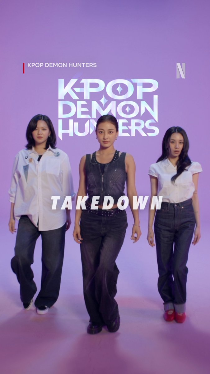 Jeongyeon, Jihyo and Chaeyoung from TWICE in their demon-hunting era. Listen to Takedown and watch KPop Demon Hunters. Now playing!