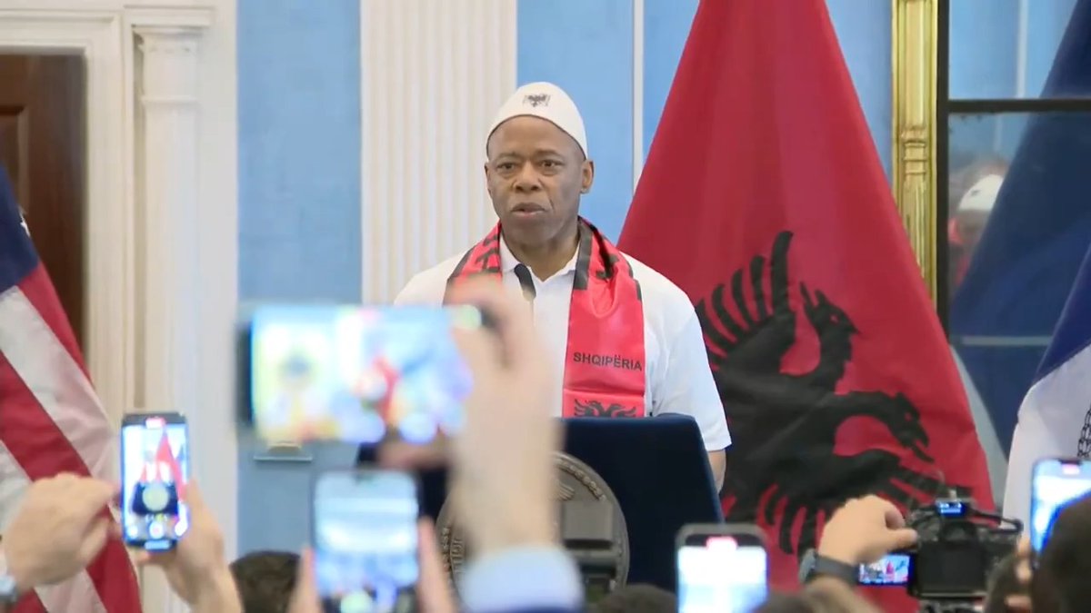 The mayor of New York Eric Adams wears a plis, the Albanian traditional cap, as he hosts Albanian Americans at his official residence ahead of the Albanian Parade in NYC.