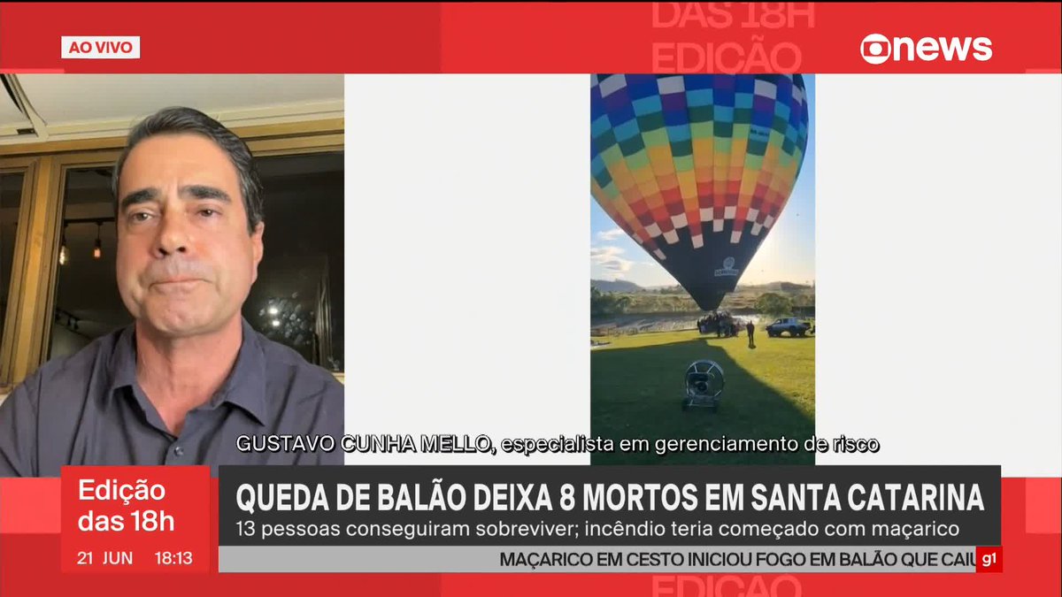 “Não é comum nem ter incêndio num balão. É muito difícil isso acontecer. (...) O que eu posso falar é o seguinte: primeiro, o balão precisa ter um certificado de aeronavegabilidade emitido pela Anac. É um documento oficial que diz que ele está apto a voar. Além desse certificado, que é obrigatório o baloeiro ter no balão, tem que ter a inspeção anual de manutenção. O baloeiro tem que mostrar que está apto a voar e que a inspeção, que é anual, foi feita. E uma das exigências da Anac é que o balão tenha um extintor de incêndio de pelo menos dois quilos de pó químico. Não é qualquer extintor. Não pode ser de água, exatamente porque balão tem cilindros de gás. Um balão desse porte deve ter de quatro a seis cilindros de propano líquido ou GLP, que são altamente inflamáveis. (...) Eles têm que ter um selo do Inmetro para mostrar que estão aptos, e a cada cinco anos têm de ser revisados” diz Gustavo Cunha Mello, especialista em gerenciamento de risco, ao analisar se é comum um eventual incêndio num balão começar no cesto. Neste sábado (21), um balão caiu em Praia Grande, Santa Catarina, depois de pegar fogo. Oito pessoas morreram. ➡ Assista na #GloboNews: